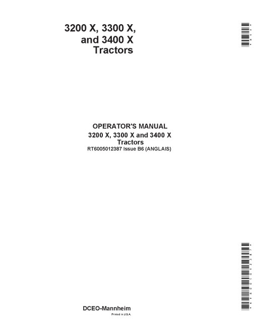 John Deere 3200X, 3300X and 3400X Tractors (Europe) Operators Manual (RT6005012387)