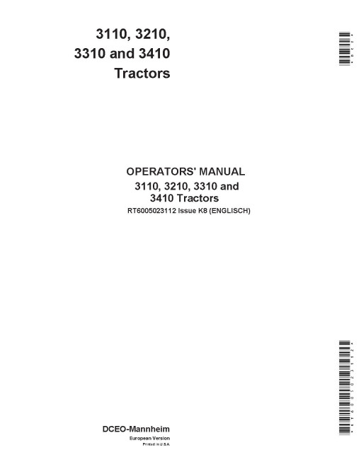 John Deere 3110, 3210, 3310 and 3410 Tractors (SN: up to 099999, Europe) Operators Manual (RT6005023112)