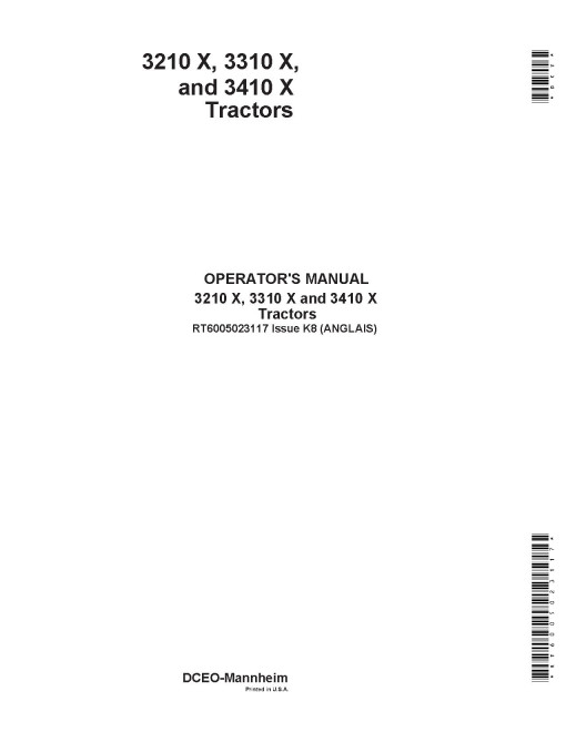 John Deere 3210X, 3310X and 3410X Tractors (SN: up to 099999, Europe) Operators Manual (RT6005023117)