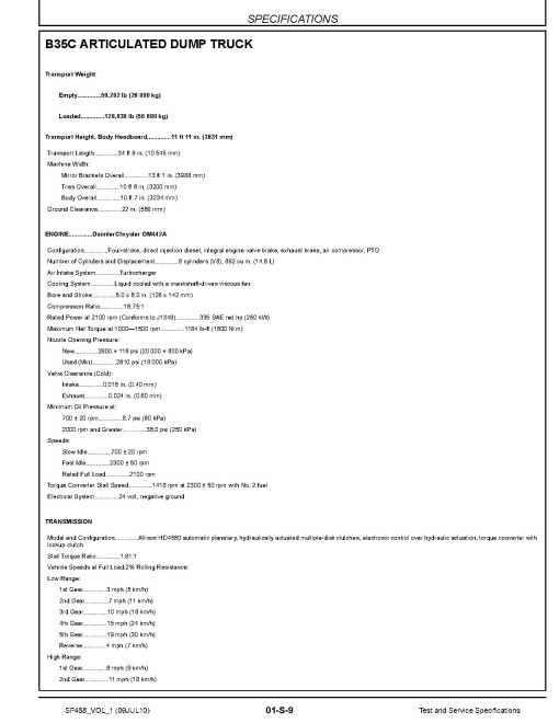 John Deere Test and Service Specifications Manual (SP458VOL1)