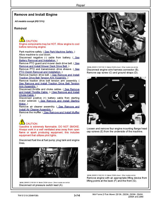 John Deere Z-Trak Z810A, Z820A, Z830A, Z840A, Z850A and Z860 Mid-Frame Mowers (SN. from 010001) Technical Manual (TM101319) John Deere Z-Trak Z810A, Z820A, Z830A, Z840A, Z850A and Z860 Mid-Frame Mowers (SN. from 010001) Technical Manual (TM101319)