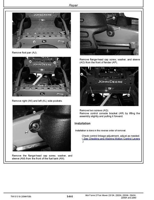 John Deere Z-Trak Z810A, Z820A, Z830A, Z840A, Z850A and Z860 Mid-Frame Mowers (SN. from 010001) Technical Manual (TM101319) John Deere Z-Trak Z810A, Z820A, Z830A, Z840A, Z850A and Z860 Mid-Frame Mowers (SN. from 010001) Technical Manual (TM101319)