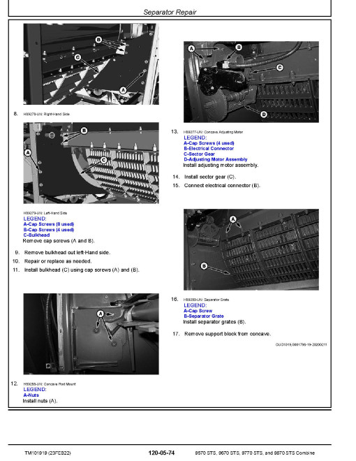 John Deere 9570, 9670, 9770 and 9870 STS™ Combines Repair Manual (TM101919)