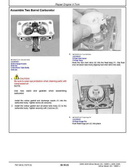 John Deere EZTrak Z225, Z245 (SN. from 100001) and Z235, Z255 (SN. from 130001) Mowers Technical Manual (TM112919) John Deere EZTrak Z225, Z245 (SN. from 100001) and Z235, Z255 (SN. from 130001) Mowers Technical Manual (TM112919)