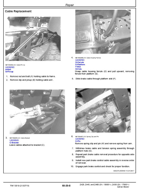 John Deere EZtrak Z425, Z445, Z465 (SN. from 100001) and Z435 (SN. from 170001) Zero-Turn Mowers Technical Manual (TM113019) John Deere EZtrak Z425, Z445, Z465 (SN. from 100001) and Z435 (SN. from 170001) Zero-Turn Mowers Technical Manual (TM113019)