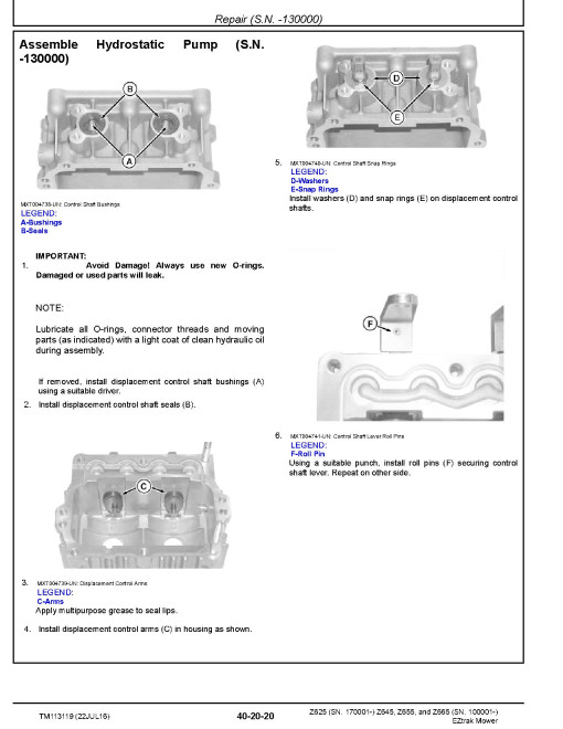 John Deere EZtrak Z625 (SN. from 170001) and Z645, Z655, Z665 (SN. from 100001) Zero-Turn Mowers Technical Manual (TM113119) John Deere EZtrak Z625 (SN. from 170001) and Z645, Z655, Z665 (SN. from 100001) Zero-Turn Mowers Technical Manual (TM113119)