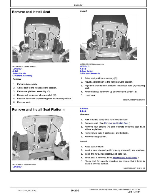 John Deere EZtrak Z625 (SN. from 170001) and Z645, Z655, Z665 (SN. from 100001) Zero-Turn Mowers Technical Manual (TM113119) John Deere EZtrak Z625 (SN. from 170001) and Z645, Z655, Z665 (SN. from 100001) Zero-Turn Mowers Technical Manual (TM113119)