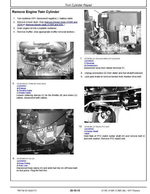 John Deere 107H, 92H, X115R, X135R and X155R Lawn Tractors (SN. from 010001) Technical Manual (TM113419) John Deere 107H, 92H, X115R, X135R and X155R Lawn Tractors (SN. from 010001) Technical Manual (TM113419)