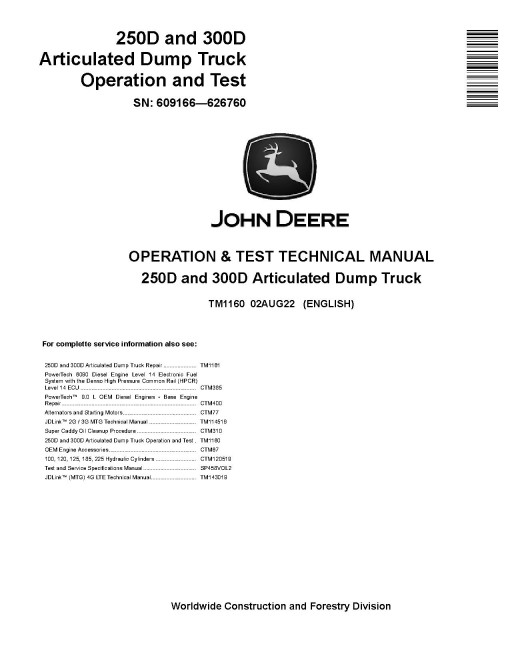 John Deere 250D and 300D Articulated Dump Trucks (SN: 609166-626760) Operation and Test Manual (TM1160)