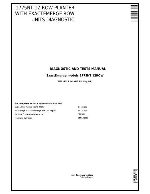 John Deere 1775NT 12-Row Planters with ExactEmerge Row Units Diagnostic Manual (TM123519)