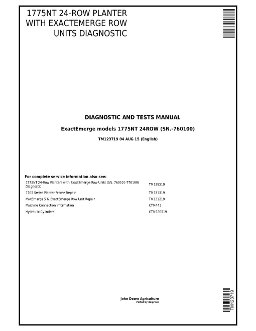 John Deere 1775NT 24-Row (SN. up to 760100) Planters with ExactEmerge Row Units Diagnostic Manual (TM123719)