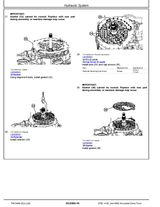 John Deere 370E, 410E and 460E T2/S2 Articulated Dump Trucks (SN: C634583-668586) Repair Manual (TM12409)