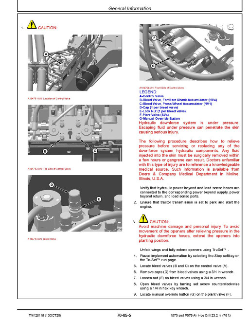 John Deere 1870 and P576 23.2 m (76 ft) Air Hoe Drills Repair Manual (TM128119)