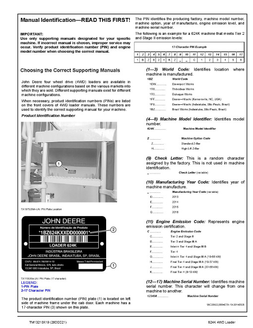 John Deere 624K (SN. before C001000, D001000) 4WD Loaders Operation and Test Manual (TM13210X19) John Deere 624K (SN. before C001000, D001000) 4WD Loaders Operation and Test Manual (TM13210X19)
