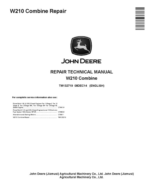 John Deere W210 Combines Repair Manual (TM132719)