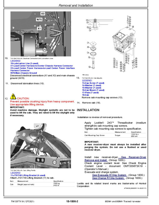 John Deere 903MH and 909MH Tracked Harvesters (SN: C271505-317981; D271505-317981) Repair Manual (TM13377X19)