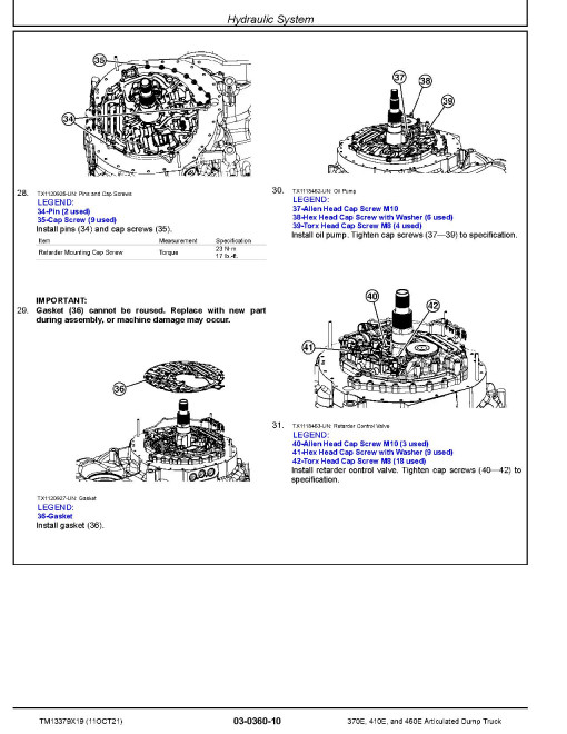 John Deere 370E, 410E and 460E Articulated Dump Trucks (SN: F668588-708124) Repair Manual (TM13379X19)