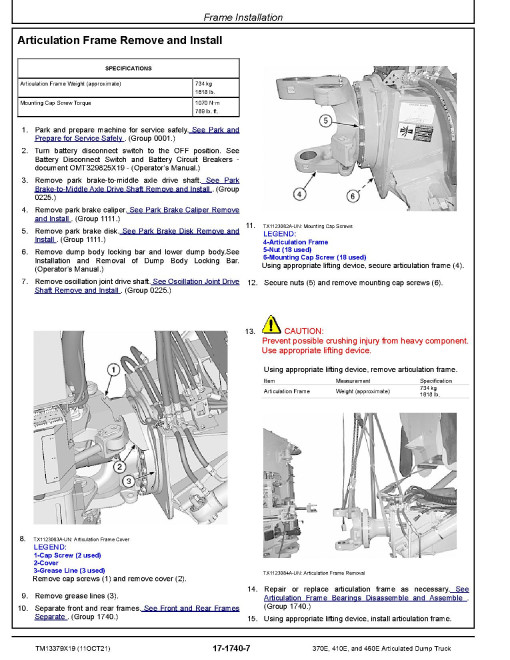 John Deere 370E, 410E and 460E Articulated Dump Trucks (SN: F668588-708124) Repair Manual (TM13379X19)