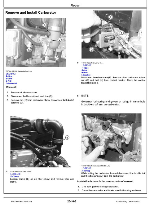John Deere S240 (SN. from 010001) Lawn Tractors (North America) Technical Manual (TM134619) John Deere S240 (SN. from 010001) Lawn Tractors (North America) Technical Manual (TM134619)