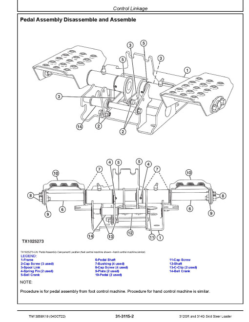 John Deere 312GR and 314G Skid Steer Loaders (SN. from G298752) Repair Manual (TM13859X19)