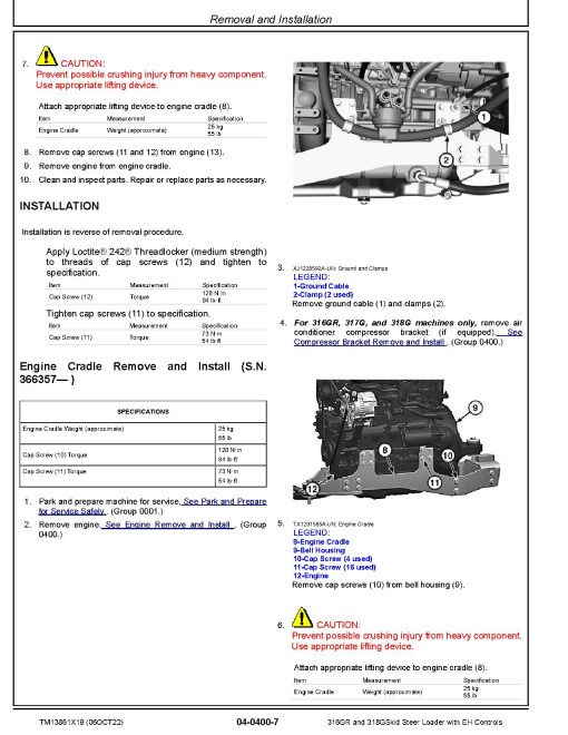 John Deere 316GR and 318G Skid Steer Loaders with EH Controls (SN. from G298752) Repair Manual (TM13861X19)