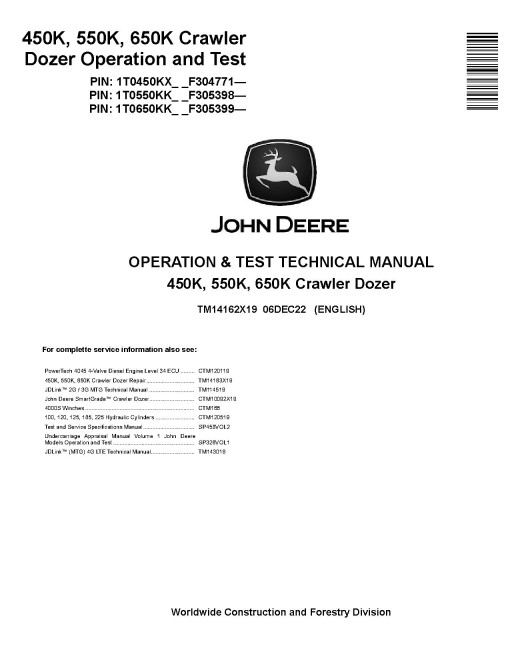 John Deere 450K, 550K and 650K Crawler Dozers (SN. from F304771) Operation and Test Manual (TM14162X19) John Deere 450K, 550K and 650K Crawler Dozers (SN. from F304771) Operation and Test Manual (TM14162X19)