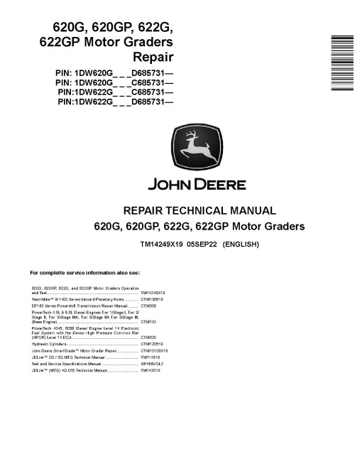John Deere 620G, 620GP, 622G and 622GP Motor Graders (SN. from C685731, D685731) Repair Manual (TM14249X19) John Deere 620G, 620GP, 622G and 622GP Motor Graders (SN. from C685731, D685731) Repair Manual (TM14249X19)