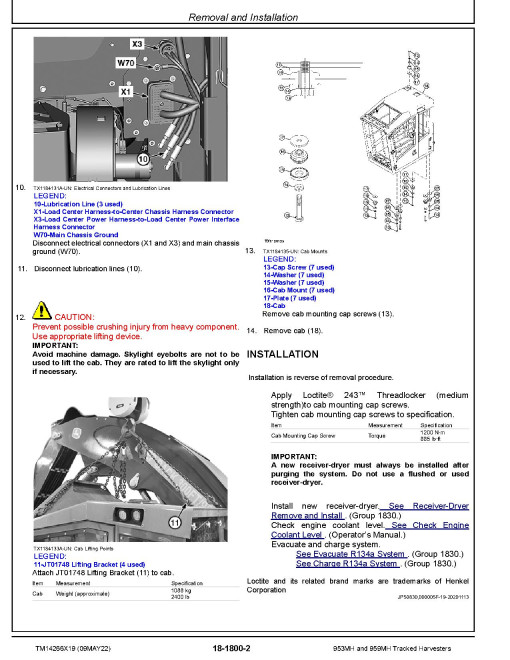 John Deere 953MH and 959MH Tracked Harvesters (SN: F/L317982-409162) Repair Manual (TM14266X19)