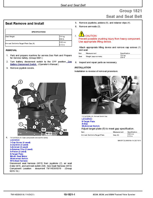 John Deere 903M, 953M and 959M Tracked  Feller Bunchers Repair Manual (TM14535X019)