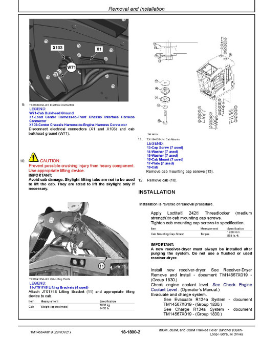 John Deere 803M, 853M and 859M (Open Loop Hydraulic Drive) Tracked Feller Bunchers Repair Manual (TM14564X019)