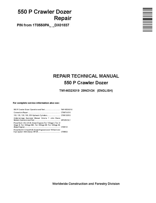 John Deere 550 P (SN from DX01837) Crawler Dozers Repair Manual (TM14632X019)