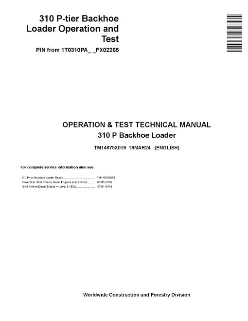 John Deere 310P (SN from FX02265) Backhoe Loaders Operation and Test Manual (TM14675X019)