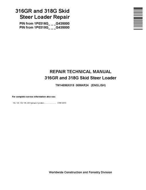 John Deere 316GR and 318G (SN from G435000) Skid Steer Loaders Repair Manual (TM14696X019)
