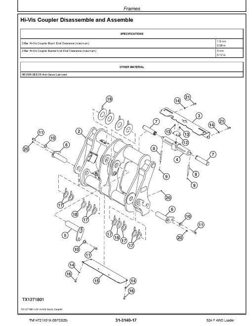 John Deere 524P (SN from 18490) 4WD Wheeled Loaders Repair Manual (TM14721X019)