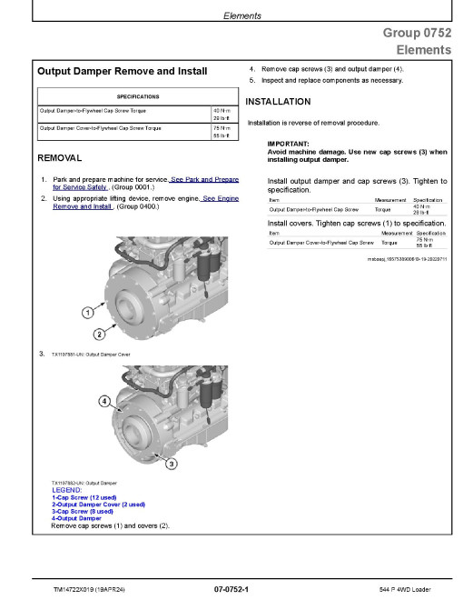 John Deere 544P (SN. from 18490) 4WD Wheeled Loaders Repair Manual (TM14722X019)