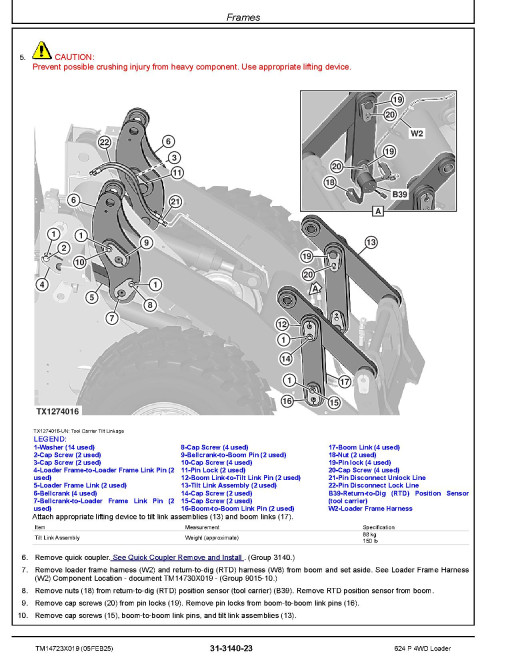 John Deere 624P (SN from 18490) 4WD Wheeled Loaders Repair Manual (TM14723X019)