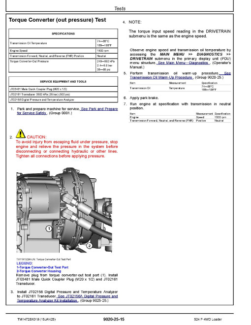 John Deere 524P (SN:18490-25721) 4WD Wheeled Loaders Operation and Test Manual (TM14728X019)