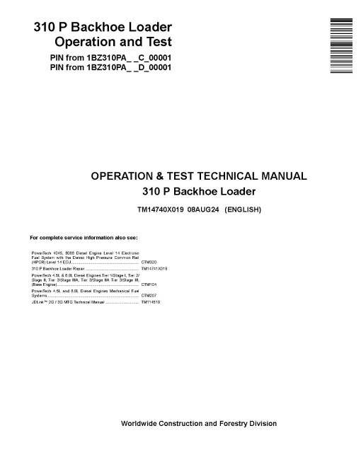 John Deere 310P (SN from C_ 00001, D_ 00001) Backhoe Loaders Operation and Test Manual (TM14740X019)