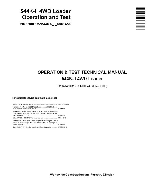 John Deere 544K-II (SN from D001456) 4WD Wheeled Loaders Operation and Test Manual (TM14746X019)