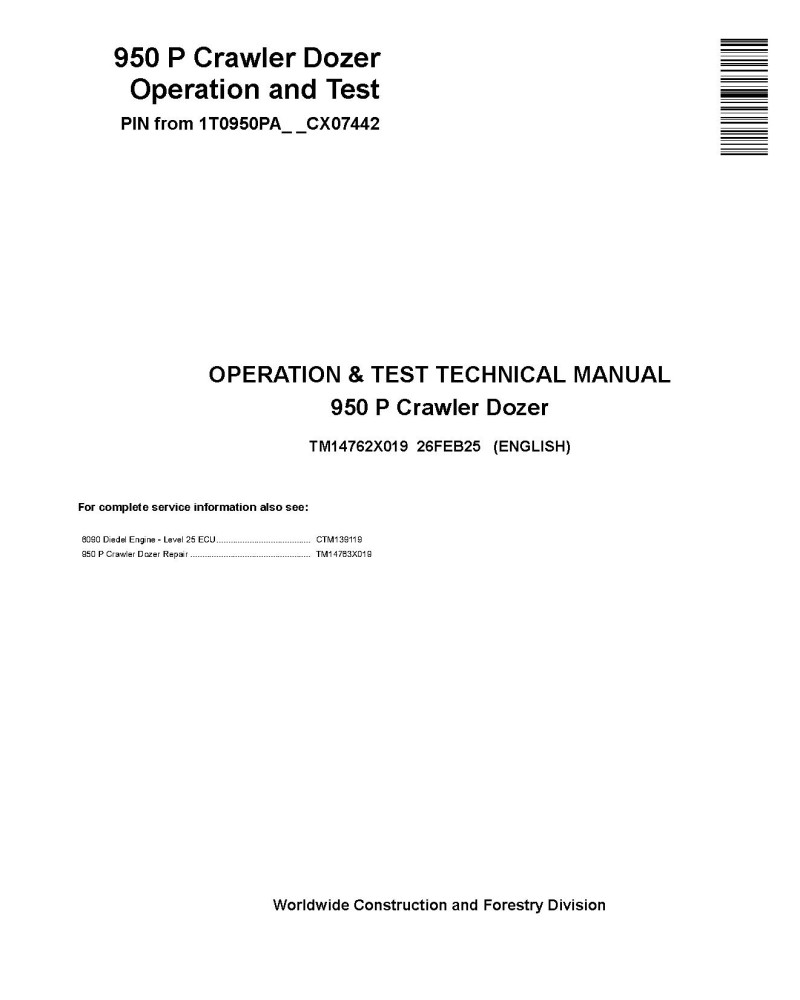 John Deere 950 P (SN from CX07442) Crawler Dozers Operation and Test Manual (TM14762X019)