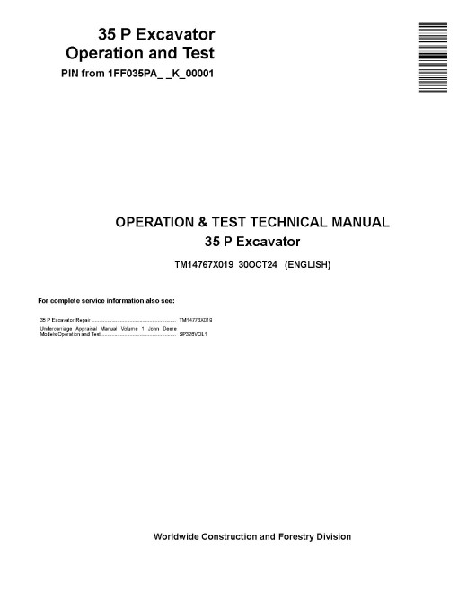 John Deere 35P (SN from K_ 00001) Compact Excavators Operation and Test Manual (TM14767X019)