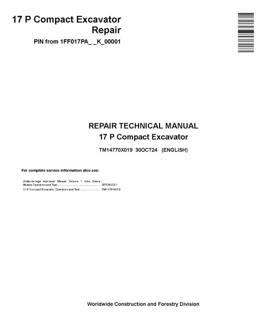 John Deere 17P (SN from K_ 00001) Compact Excavators Repair Manual (TM14770X019)