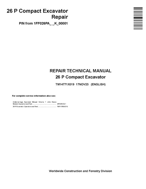 John Deere 26P (SN from K_ 00001) Compact Excavators Repair Manual (TM14771X019)