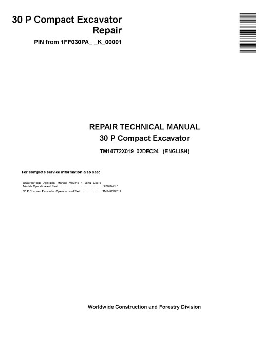 John Deere 30P (SN from K_ 00001) Compact Excavators Repair Manual (TM14772X019)