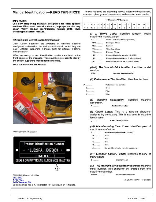 John Deere 326P (SN from 076859) 4WD Wheeled Loaders Operation and Test Manual (TM14817X019)