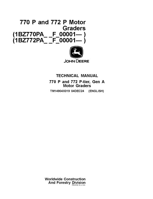 John Deere 770 P and 772 P (SN. from F_00001) Motor Graders Operators Manual (TM14904X019)