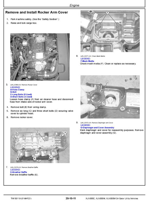 John Deere XUV855E, XUV855M and XUV855M S4 Gator Utility Vehicles (SN: 010001-040000) Technical Manual (TM150119) John Deere XUV855E, XUV855M and XUV855M S4 Gator Utility Vehicles (SN: 010001-040000) Technical Manual (TM150119)