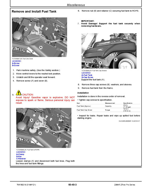 John Deere Z994R ZTrak Pro (SN: 010001-) Zero-Turn Mowers Technical Manual (TM156219) John Deere Z994R ZTrak Pro (SN: 010001-) Zero-Turn Mowers Technical Manual (TM156219)