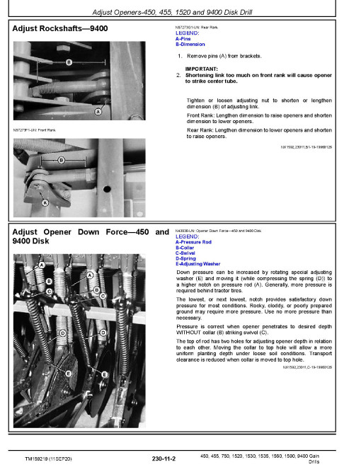 John Deere 1520, 1530, 1535, 1560, 1590, 450, 455, 750 and 9400 Grain Drills Technical Manual (TM159219)