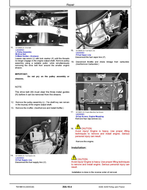 John Deere S220 and S240 (SN: 010001-) Riding Lawn Tractors Technical Manual (TM166519) John Deere S220 and S240 (SN: 010001-) Riding Lawn Tractors Technical Manual (TM166519)